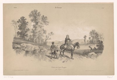 Kvinne på hest med mann og barn i et landskap Studier av landlige scener med to typer kritt (serietittel) La kampanjen. Etude aux deux fargestifter, par Férogio (serietittel på objekt) av Fortuné Ferogio