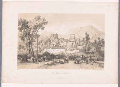 Utsikt over en landsby med et beistmarked i en dal Le Marché aux Bestiaux (tittel på objekt) av Fortuné Ferogio