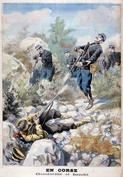 En pistolkamp mellom en banditt og gendarmeriet, Korsika, 1898 av Fortuné Méaulle