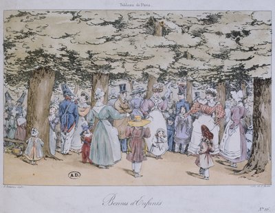 Barn og barnepiker i parken, fra Tableau de Paris-serien, gravert av C. Motte, 1827 av Fortune Delarue