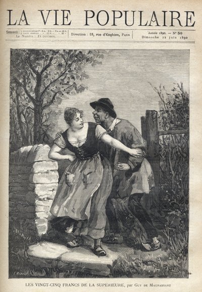 A couple of peasants, the man in a blouse and hoof, jumped the young woman who pushed him back with a smile and light. Illustration by E. Bertin for Les twenty five francs de la superieure by Guy de Maupassant (1850-1893). Engraving by Fortune Meaulle (184 av Fortune Louis Meaulle