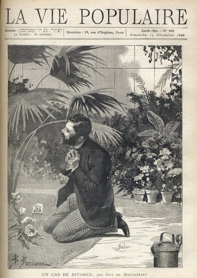 A desperate man prays on his knees in a greenhouse. Illustration by F. Meaulle after B. Borione for “A case of divorce” by Guy de Maupassant (1850-1893). Engraving from 1890 in “La vie populaire””. Private Collection av Fortune Louis Meaulle