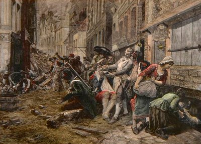 En beleiringsepisode i Lille, oktober 1792 - Siege de Lille en 1792: parykken Maes bruker et bombeskall som skjeggskål for å barbere en klient - gravering av Meaulle etter Gaston Melingues maleri av Fortune Louis Meaulle