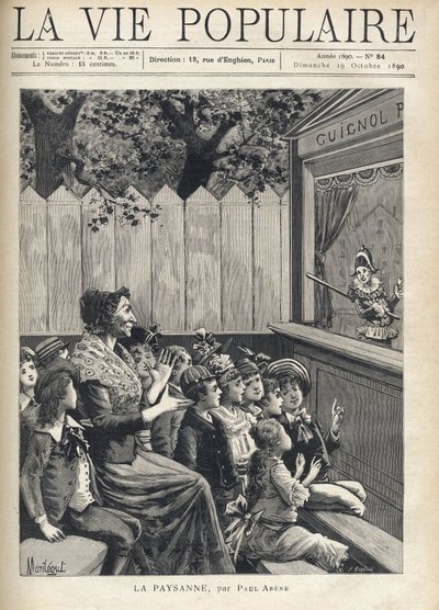 En kvinne i midten av en gruppe barn applauderer et dukketeater (Guignol). Illustrasjon av Fortune Meaulle av Montegut for "The peasant" av Paul Arene (1843-1896). Gravering i «La vie populaire»» av Fortune Louis Meaulle