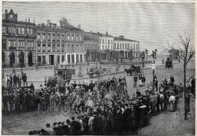 Avgang fra Bordeaux-Paris (Bordeaux Paris) sykkelritt i 1891 - gravering av Meaulle fra 1891 av Fortune Louis Meaulle