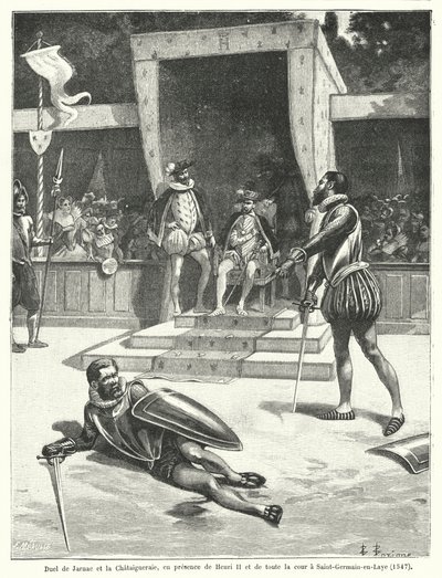 Duell mellom Guy Cabot de Jarnac og Francois de Vivonne, Seigneur de la Chataigneraie foran kong Henry II av Frankrike og hele hoffet hans ved St Germain-en-Laye av Fortune Louis Meaulle