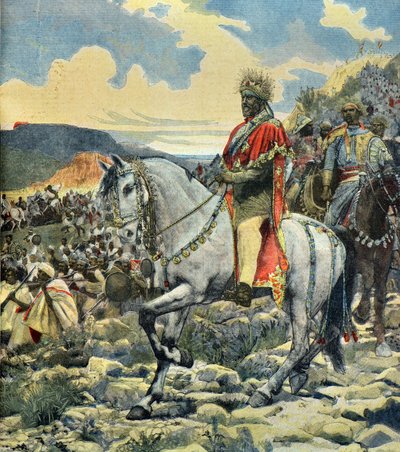 Rytterportrett av kong Menelik 2 i slaget ved Adoua av Fortune Louis Meaulle