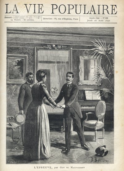 In a bourgeois living room, a man rises precipitation towards the mistress of the house and grabs her hands, dropping his hat on the floor, under the astonishing gaze of another man. Illustration by Bernard Borione (1865-20th century), for the test by Guy  av Fortune Louis Meaulle