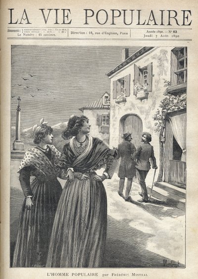 I gatene i en landsby i Provence snur to pene kvinner i provençalske kjoler tilbake til gaten for å konfrontere en mann som vender seg selvsikkert mot øynene deres. Illustrasjon av Montegut for The Popular Man av Frederic Mistral (1830-1914). Gravering av  av Fortune Louis Meaulle