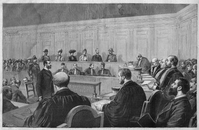Toulon-skandalen i 1891: Fouroux-affæren - Jonquieres - rettssalen, vitnesbyrd - Gravering av Meaulle i "Le journal illustrious"" fra 1891 av Fortune Louis Meaulle
