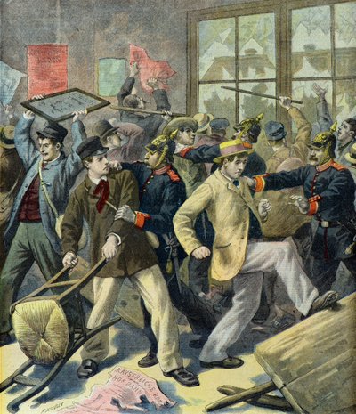 Opprør av vernepliktige fra Alsace-Lorraine i tyske stasjoner (gravering) av Fortune Louis Meaulle