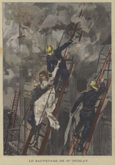 Redning av skuespillerinnen Adeline Dudlay fra brannen ved Theatre-Francais, Paris av Fortune Louis Meaulle