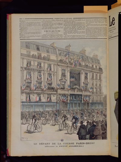 Starten på sykkelrittet Paris-Brest foran kontorene til 'Le Petit Journal', illustrasjon fra magasinet med samme navn, 15. september 1891 av Fortune Louis Meaulle