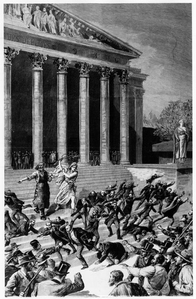 Allmenn stemmerett og republikken som jager kjøpmenn fra templet - i "" Le Journal illustré""" av 25.12.1892, komposisjon av Henri Meyer, gravering av Meaulle. av Fortune Louis Meaulle