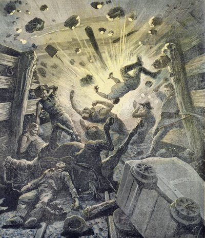 En gasseksplosjon, illustrasjon fra det illustrerte tillegget til Le Petit Journal, 2. april, 1892 av Fortune Louis Meaulle and Henri Meyer