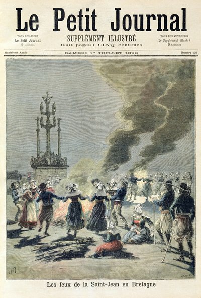 Bål tent for å feire sommersolverv i Bretagne, forside av 'Le Petit Journal', 1. juli 1893 (fargegravering) av Fortune Louis Meaulle and Henri Meyer