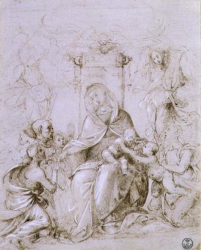Madonna og barn tronet med døperen Johannes presentert av en engel og St. Monica (penn og blekk på papir) av Fra Bartolomeo