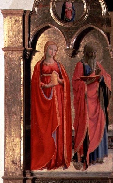 Jomfru og barn tronet med fire engler, detalj av St. Johannes evangelisten og Maria Magdalena, fra Polittico di San Domenico (detalj av 43910) av Fra (c.1387 1455) Angelico
