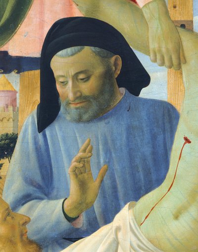 Arkitekt Michelozzo, detalj fra Deponeringen fra korset eller den hellige treenighets altertavle, ca. 1432, av Giovanni da Fiesole kjent som Fra Angelico (1400-ca 1455), tempera på tre av Fra (c.1387 1455) Angelico