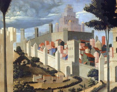 Deponering av Kristus (altertavle for hellig treenighet), detalj av landskapet med utsikt over Jerusalem og Salomos tempel -1437-40 (tempera på tre) av Fra  Angelico