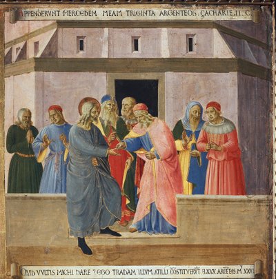 Judas ging zu den Hohepriestern und stimmte zu, Jesus im Austausch gegen dreißig Silbermünzen zu übergeben. Leben Christi, Armadio degli Argenti von Fra  Angelico