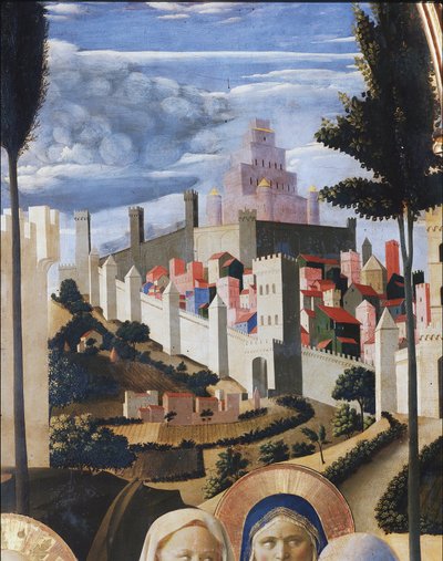 Landskap med utsikt over Jerusalem og Salomos tempel. Detalj av Kristi avsetning eller den hellige treenighets altertavle (tempera på tre av Fra  Angelico