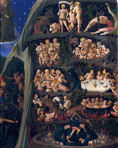 Den endelige dommen: helvete. Jentenes sjeler utsatt for tortur i helvetes sirkler. Djevelen i underetasjen har en av dem. Maleri av Guido di Pietro (eller Fra Giovanni da Fiesole) dit Fra Angelico ou il Beato (1400-1455) av Fra  Angelico