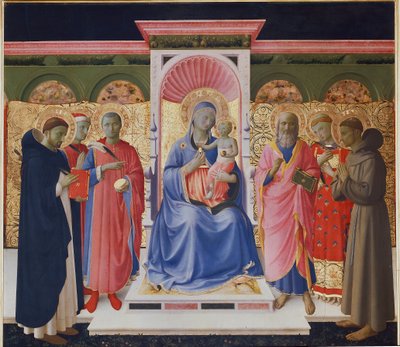 Jungfrau und Kind mit sechs Heiligen, Petrus, Cosmas und Damian, St. Johannes, St. Laurentius und St. Franziskus. Detail des Annalena-Altarbildes von Fra  Angelico