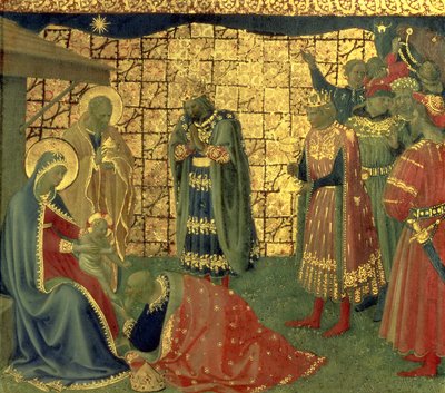 Adoration of the Magi, detalj fra et predella-panel, 1434 tempera på paneldetalj av 98904 av Fra Angelico