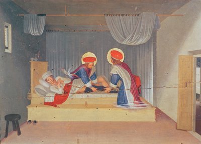 Altertavle, Jomfruen og barnet omgitt av engler og åtte hellige. The Predella: Saint Cosmas og Saint Damien transplanterer beinet til en neger på en Justinian Deacon (tempera på panel) av Fra Angelico