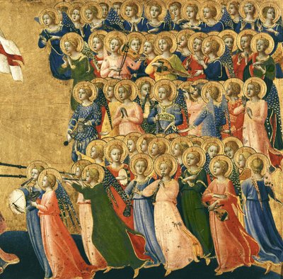 Christ Glorified in the Court of Heaven, detalj av musikalske engler fra høyre side, 1419-35 (tempera på panel) (detalj av 4052) av Fra Angelico