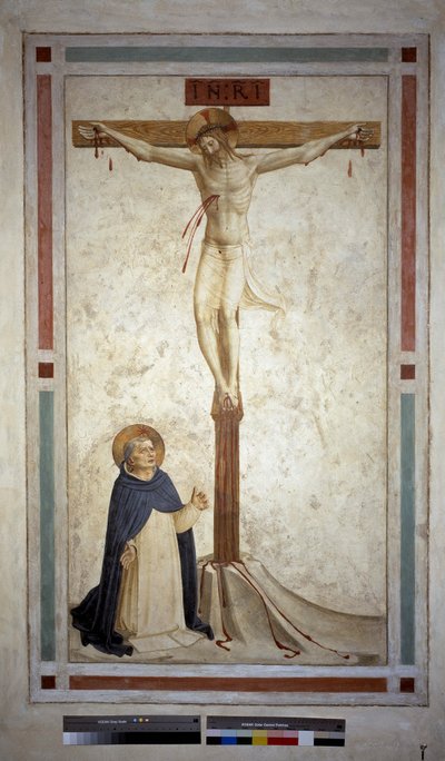 Korsfestelse med Saint Dominic. Inskripsjon ""INRI"" på korset. Fresco av Guido di Pietro av Fra Angelico