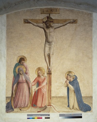 Korsfestelse med Jomfru Maria Saint Dominic. Inskripsjon "INRI" på korset av Fra Angelico