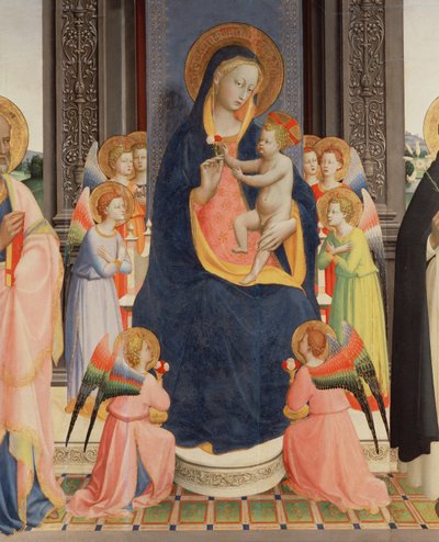 Detalj fra Politico Di San Domenico som viser jomfruen og barnet tronet med åtte engler, ca. 1422 (tempera på panel) (se også 43912, 238446) av Fra Angelico