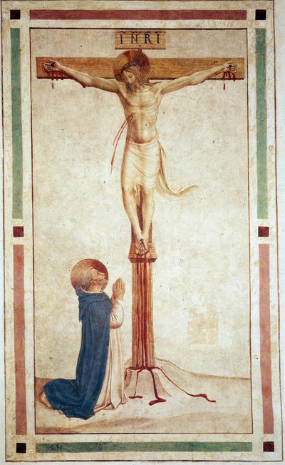 Korsfestelsen med Saint Dominic. Inskripsjon ""INRI"" på korset. Fresco av Guido di Pietro av Fra Angelico