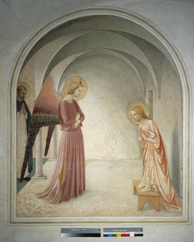 Bebudelsen St. Peter Martyren står bak erkeengelen Gabriel og kunngjør jomfru Maria. Fresco av Guido di Pietro av Fra Angelico