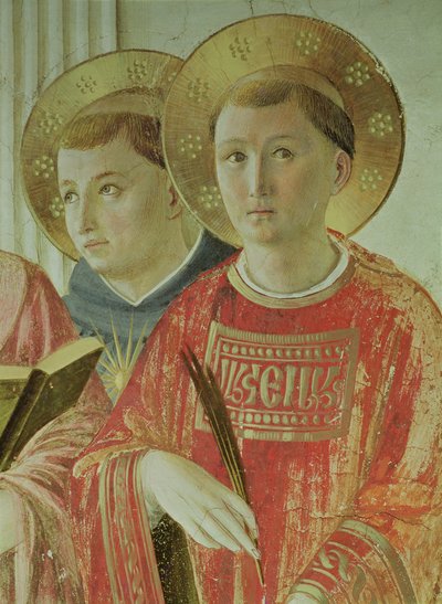 Madonna of the Shadow, detalj av St. Thomas Aquinas og St. Lawrence, fra korridoren i første etasje (fresco) av Fra Angelico