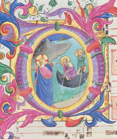 Missal 558 f.9r Historikert initial O som viser det mirakuløse utkastet til fisk (detalj av 88928) av Fra Angelico