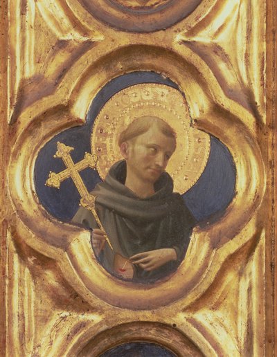Santa Trinita altertavle, detalj av hodet til St. Francis, tempera ca. 1434 og gull på panel av Fra Angelico