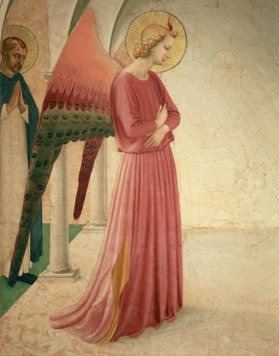 Bebudelsen, detalj om engelen Gabriel og St. Peter Martyren, freskomaleri fra 1442, se 72388 av Fra Angelico