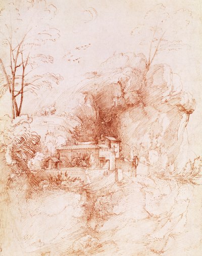 Steinete landskap med kloster, tegning av Fra Bartolomeo (1472-1517). av Fra Bartolomeo