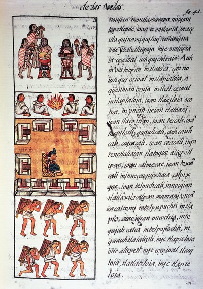 Aztec samfunn, musikere, konge og kjøpmenn, tekst i Nahuati, fra faksimile av manuskript General History of Things of New Spain, også kjent som Florentine Codex, av Bernardino de Sahagun av Fra Bernadino da Sahagun