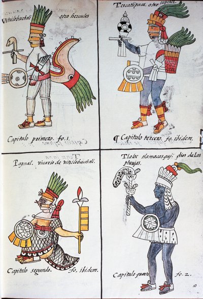 Gudene til gamle meksikanere, Huitzilopochtli, Tezcatlipoca, Tlaloc og Paynal, tekst på spansk, fra faksimile av manuskript General History of Things of New Spain, også kjent som Florentine Codex, av Bernardino de Sahagun av Fra Bernadino da Sahagun
