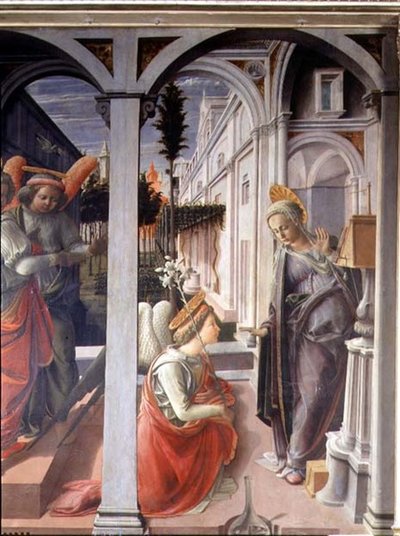 Bebudelsen, detalj av Angel Gabriel og Virgin av Fra Filippo Lippi