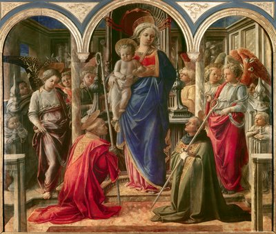 Jomfruen og barnet omgitt av engler, St. Frediano (Fridianus av Lucca eller Frigidanus, Frigidian, Frygian) og St. Augustine, kjent som Pala Barbadori, altertavle av Filippo Lippi (1406-1469) 1437-1 Sponset av Barbadori-familien for baren av Fra Filippo Lippi
