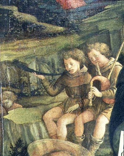 To musikalske hyrder, detalj fra The Nativity, 1470 av Fra Filippo Lippi