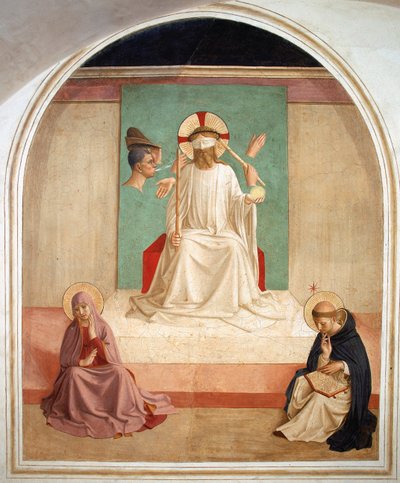 Kristus hånet i nærvær av jomfruen og Saint Dominic av Fra school of Angelico