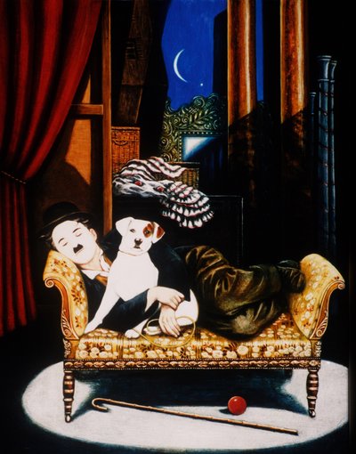 Charlie Chaplin and Scraps, 1992 (oljer og tempera på panel) av Frances Broomfield