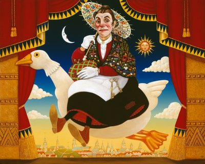 Dan Leno (1860-1904) som Mother Goose, 1996 (olje og tempera på panel) av Frances Broomfield