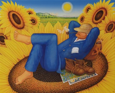 Van Goghs Sunflowers, 1998 (olje og tempera på panel) av Frances Broomfield
